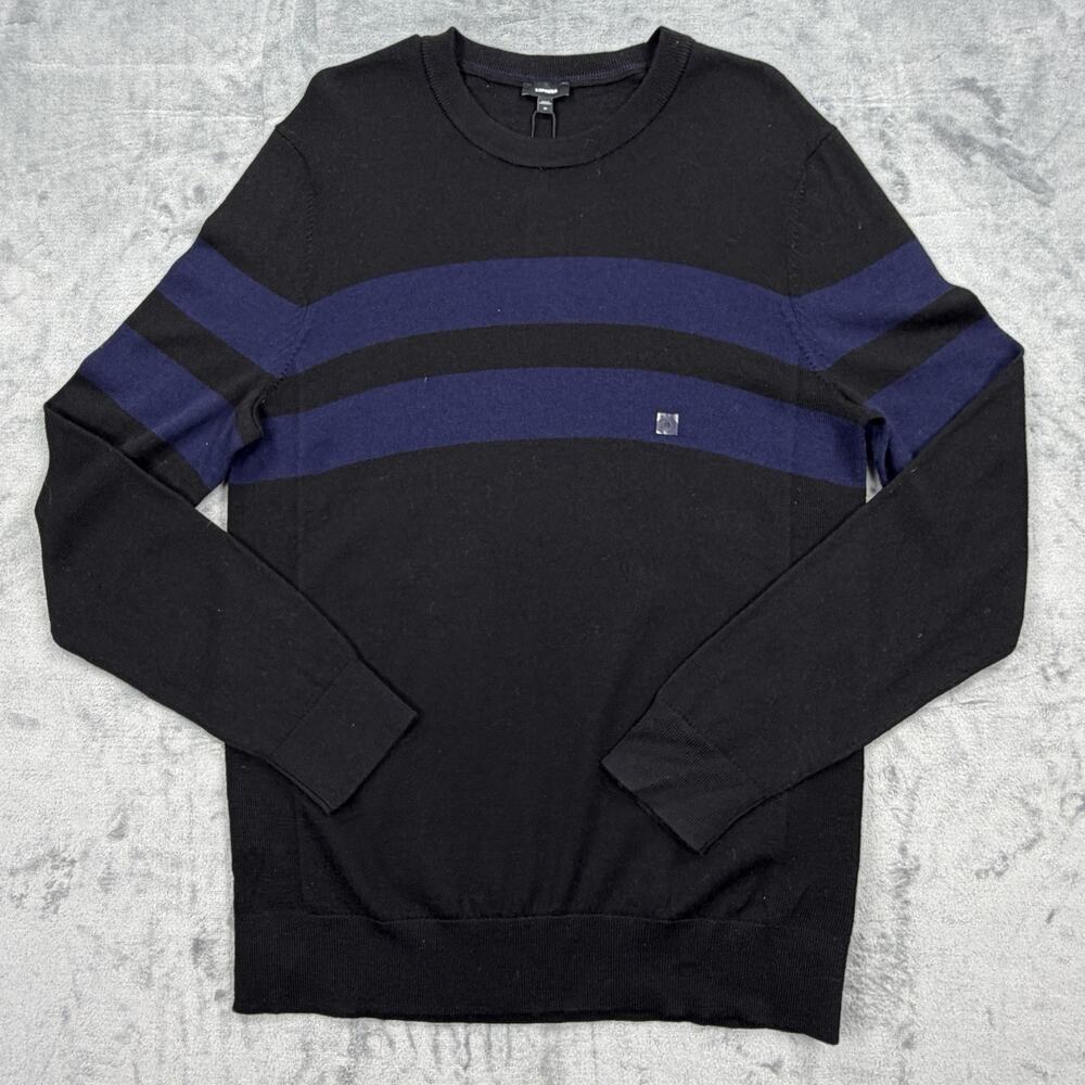 Express Mens Medium Merino Wool Sweater Black Blue Stripe Crewneck NWT